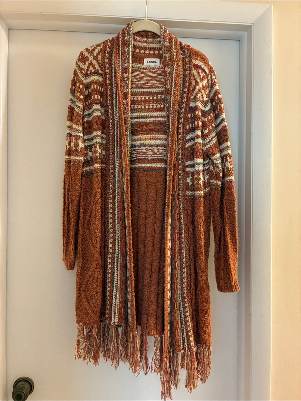 ADORA Rust & Cream Patterned Fringe Open Cardigan